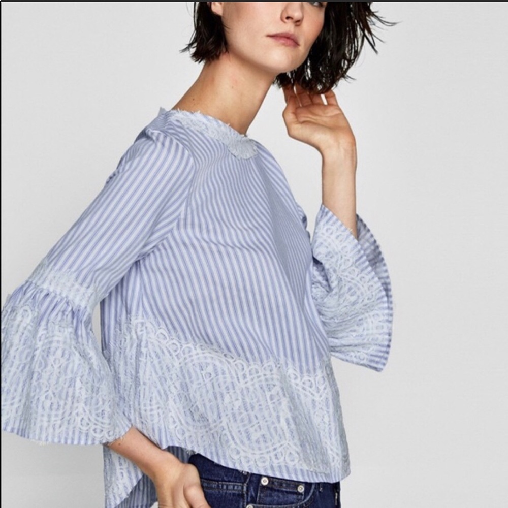 Zara Light Blue and White Striped Lace-Trim Blouse